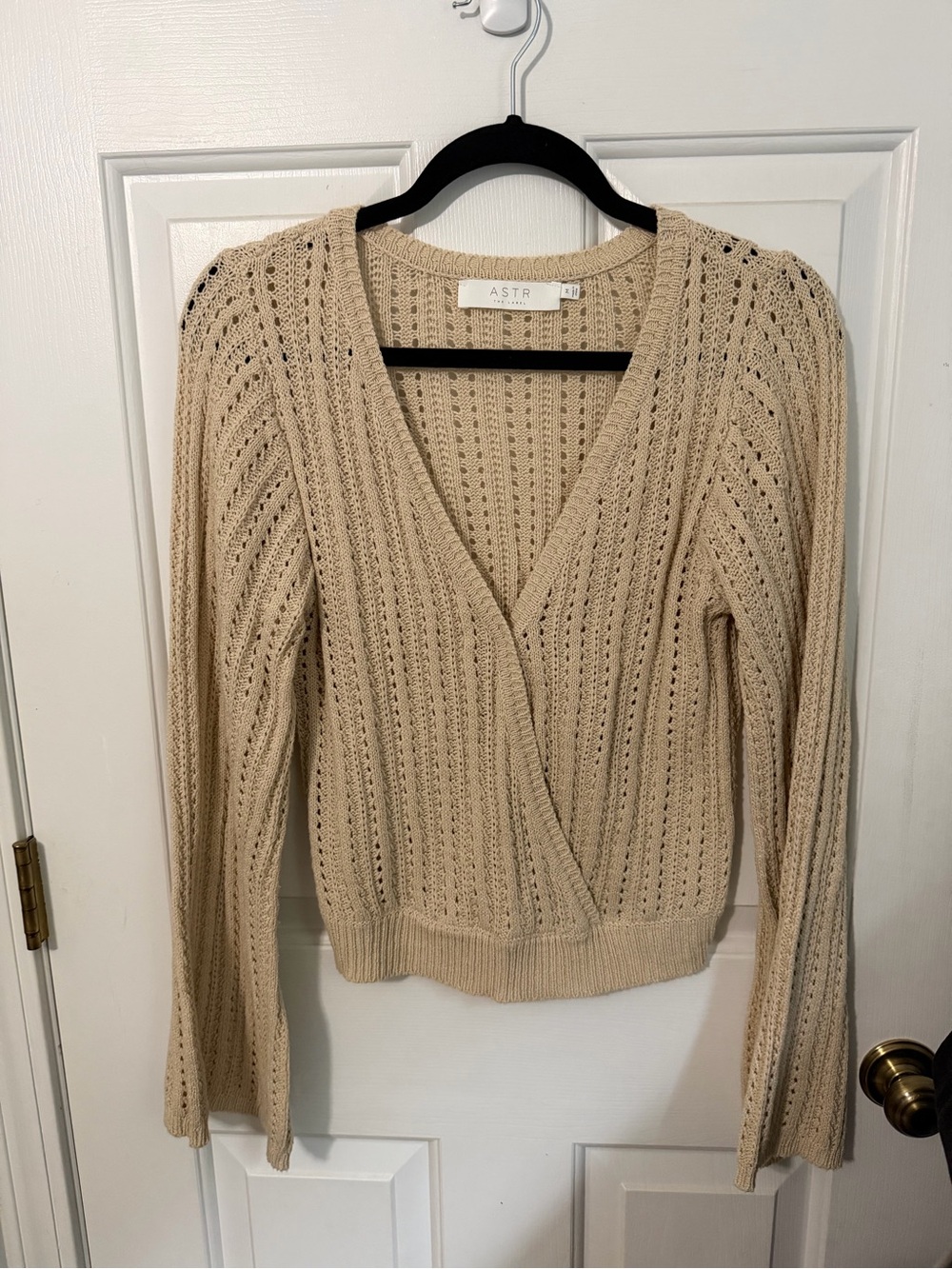 ASTR Beige Open-Knit V-Neck Wrap Sweater